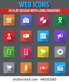 Cinema web icons in flat design with long shadows