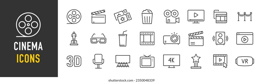 Cinema web icons in line style. Film, popcorn, video, movie theater, 3d, vr, collection. Vector illustration.