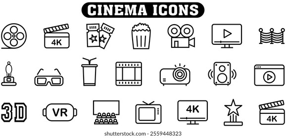 Cinema web icons in line style. Film, popcorn, video, movie theatre, 3D, VR, collection. Vector illustration