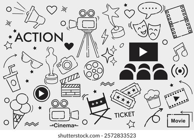 Cinema web icons in line style. Film, popcorn, video, movie theater, collection. Vector illustration.