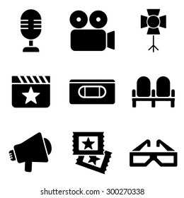Cinema web and mobile logo icons collection isolated on white back. Vector symbols of camera, videotape, tickets etc