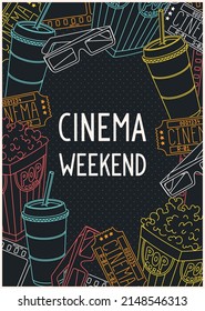 Cinema weekend. Ready poster for the movie theater. Trendy retro futuristic graphics style and design elements. Vector illustration