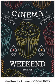 Cinema weekend. Ready poster for the movie theater. Trendy retro futuristic graphics style and design elements. Vector illustration