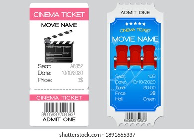 Cinema White and Blue Ticket. Vector isolated illustration on Grey background