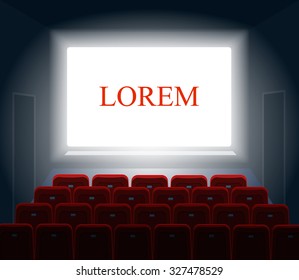 Cinema with white screen. Theater and show presentation, performance and hall, entertainment and auditorium. Vector illustration