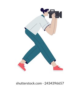 Cinema with Woman Character Stand with Camera Engaged in Movie Shooting Vector Illustration