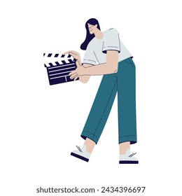 Cinema with Woman Character Stand with Clapperboard Engaged in Movie Shooting Vector Illustration