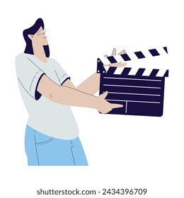 Cinema with Woman Character Stand with Clapperboard Engaged in Movie Shooting Vector Illustration