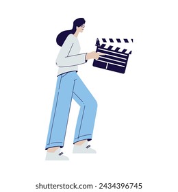 Cinema with Woman Character Stand with Clapperboard Engaged in Movie Shooting Vector Illustration