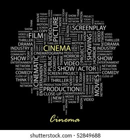 CINEMA. Word collage on black background. Vector illustration.