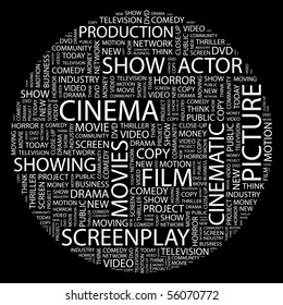 CINEMA. Word collage on black background. Illustration with different association terms.