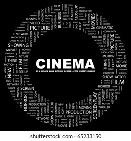 CINEMA. Word collage on black background. Illustration with different association terms.