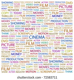 CINEMA. Word collage on white background. Vector illustration. Illustration with different association terms.