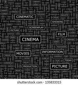 CINEMA. Word collage. Seamless illustration.