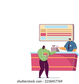Cinema worker and woman at counter. Flat vector illustration. Girl with popcorn buying ticket by cashier, holding 3D glasses for watching movie. Entertainment, theatre, advertising, art concept
