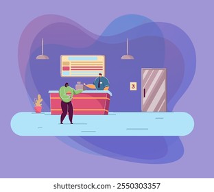 Cinema worker and woman at counter. Flat vector illustration. Girl with popcorn buying ticket by cashier, holding 3D glasses for watching movie. Entertainment, theatre, advertising, art concept