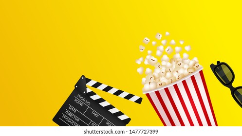 Fundo amarelo cinema. Pipoca, clapperboard, óculos 3d. Filme e cinema. Vetor