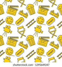 Cinema yellow icons pattern seamless. Signs and symbols collection icon for websites with White Background.  Vector illustration. 