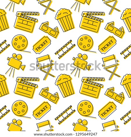 Cinema yellow icons pattern seamless. Signs and symbols collection icon for websites with White Background.  Vector illustration. 