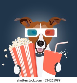 Cinemaddict dog, 3d glasses, popcorn, beverage.  EPS 10.