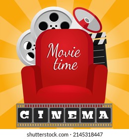Cinemaposter with movie clapper board, film reel over and cinema chair. Vector illustration.