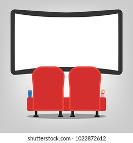 Cinemas in the cinema with popcorn, drinks. Vector illustration. Armchairs for watching a movie on a diagonal screen