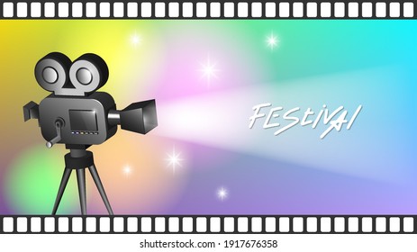 Cinematic bright poster. Ray of light, sparks. 3D retro movie camera and the word, festival