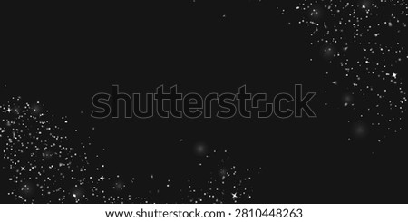 Cinematic dark backdrop featuring shimmering silver stardust trails, magical glowing sparkles, and fine winter snow particles sweeping across opposite corners.