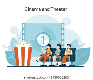 Cinematic Experience concept. Movie enthusiasts immerse in the magic of film. Enjoying the big screen in a theater setting with popcorn. Vector illustration