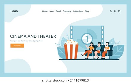 Cinematic Experience concept. Movie enthusiasts immerse in the magic of film. Enjoying the big screen in a theater setting with popcorn. Vector illustration