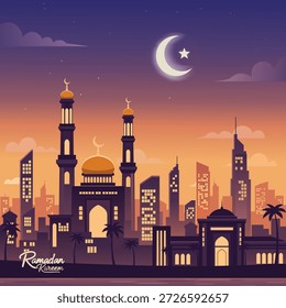 Cinematic flat vector illustration of a modern Ramadan city skyline at sunset transitioning to night, featuring mosque minarets, glowing windows, and a rising crescent moon.