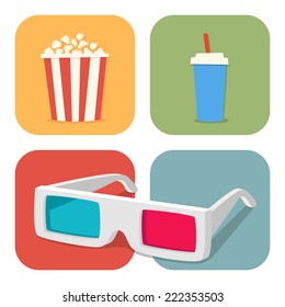 The cinematic illustration. Movie showing with Popcorn, drinks and 3D Stereo Glasses