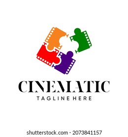 cinematic illustration vector logo. combine puzzle piece icon with movie icon. interesting, unique and colorful
