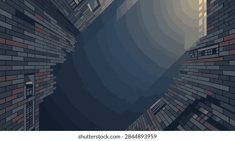 Cinematic low angle view of dark urban brick buildings at night in a narrow alley flat vector illustration.