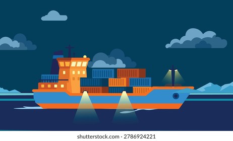 A cinematic night landscape vector featuring a large commercial cargo ship sailing across a deep purple and blue ocean. Illuminated by a massive, glowing full moon reflecting on the water surface under a sky with dark clouds and stars. Great for dramatic maritime logistics themes, overnight global shipping concepts, and poetic travel backdrops.