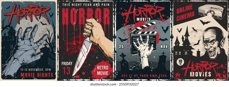 Cinematic poster series highlights horror movie nights with themed events scheduled for November. Each poster showcases iconic imagery related to classic horror films and online cinema.