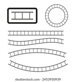 Cinematic rail track curve. Filmstrip railway symbol. Movie industry object. Entertainment theme element. Vector illustration. EPS 10.