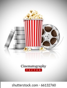 cinematograph in cinema films and popcorn vector illustration