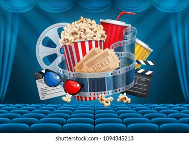 Cinematograph concept banner design template with popcorn and other elements on cinema theme on background with blue seats and curtain. Vector illustration.