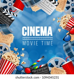 Cinematograph concept banner design template with popcorn, drink, film reel, film tape, clapperboard and ticket on blue bokeh background. Vector illustration.