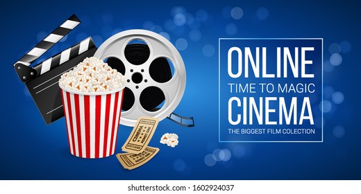 Cinematograph Concept Banner Design Template with Movie Clapper Board, Cinema Ticket, Popcorn in the Striped Bag and Film Reel Over Blue Background with Light Effects