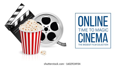 Cinematograph Concept Banner Design Template with Movie Clapper Board, Popcorn in the Striped Bag and Film Reel Over White Background. Cinematography Movie Festival Concept