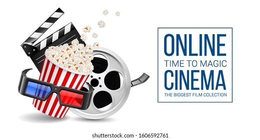 Cinematograph Concept Banner Design Template with Movie Clapper Board, Popcorn in the Striped Bag, Film Reel and 3d Glasses Over White Background