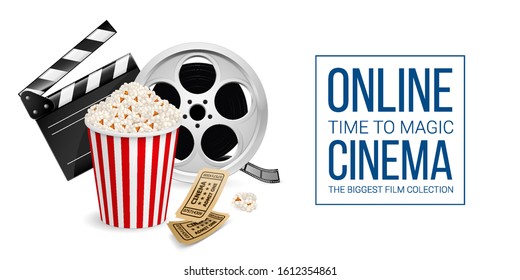 Cinematograph Concept Banner Design Template with Movie Clapper Board, Cinema Ticket, Popcorn in the Striped Bag and Film Reel Over White Background