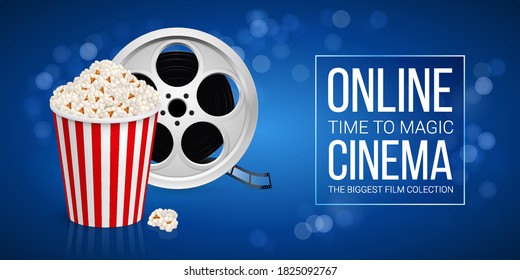 Cinematograph Concept Banner Design Template with Film Reel and Popcorn in the Striped Bag Over Blue Background with Blur Light Effects. Cinematography Movie Festival Concept