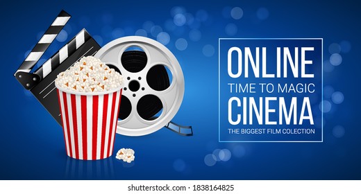 Cinematograph Concept Banner Design Template with Movie Clapper Board, Popcorn in the Striped Bag and Film Reel Over Blue Background with Bokeh Light Effects. Cinematography Movie Festival Concept