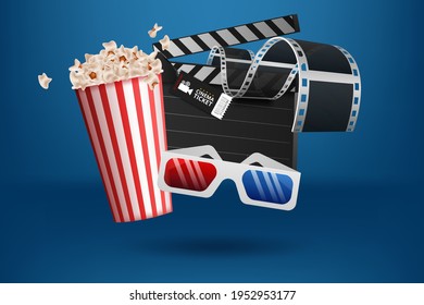 Cinematograph concept banner design template with popcorn, drink, film reel, film tape and ticket on blue bokeh background