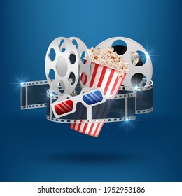 Cinematograph concept banner design template with popcorn, drink, film reel, film tape and ticket on blue bokeh background