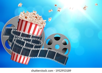 Cinematograph concept banner design template with popcorn, drink, film reel, film tape and ticket on blue bokeh background
