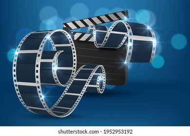 Cinematograph concept banner design template with popcorn, drink, film reel, film tape and ticket on blue bokeh background